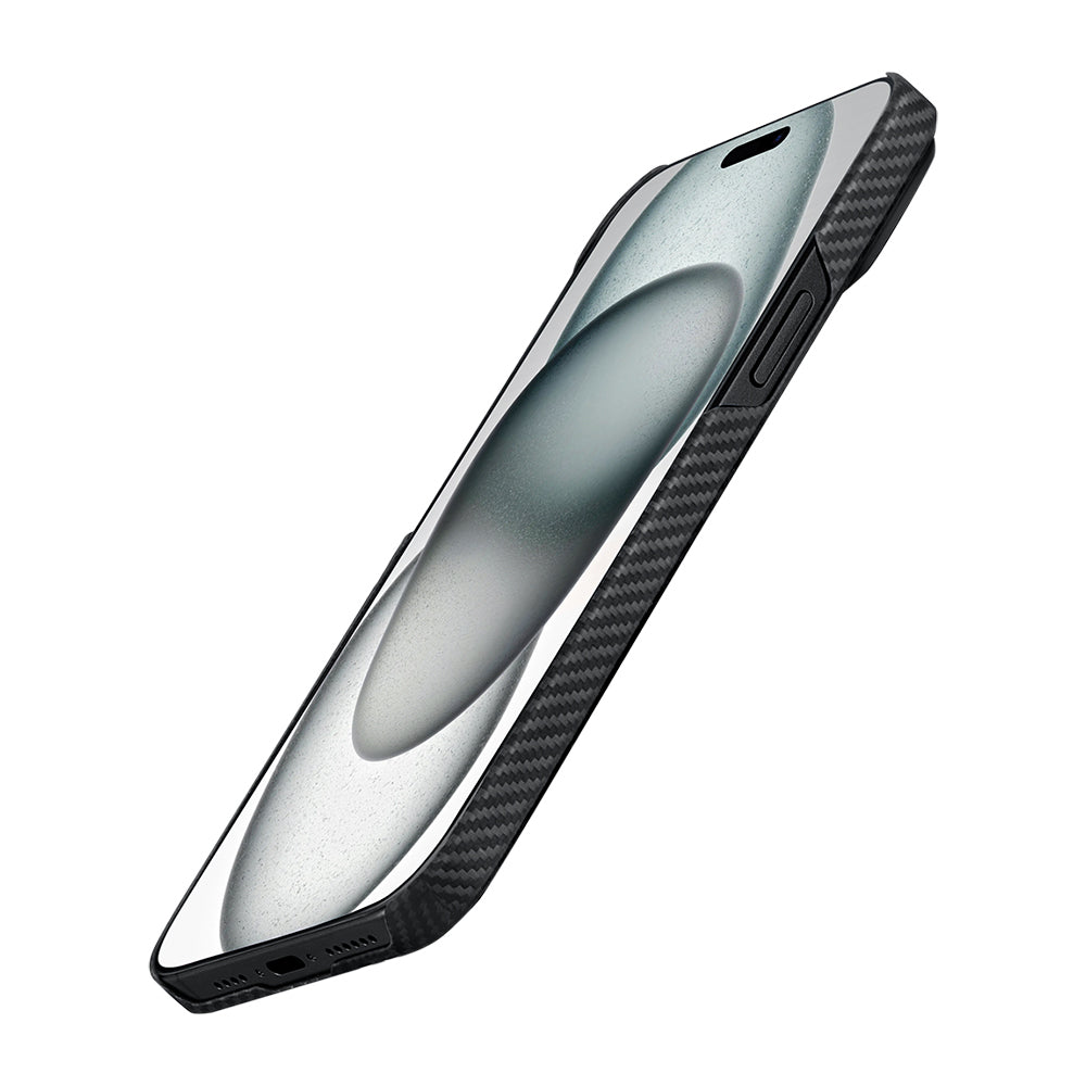 Pitaka Ultra-Slim Classic Serisi iPhone 15 Plus M-safe Şarj Özellikli 600D Aramid Fiber Black-Grey Twill Kılıf Pitaka Ultra-Slim Classic Serisi iPhone 15 Plus M-safe Şarj Özellikli 600D Aramid Fiber Black-Grey Twill Kılıf
